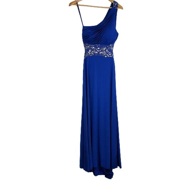 Blondie Nites Blue One Shoulder Jewel Embellished Formal Evening Prom Dress 5 - Picture 1 of 8